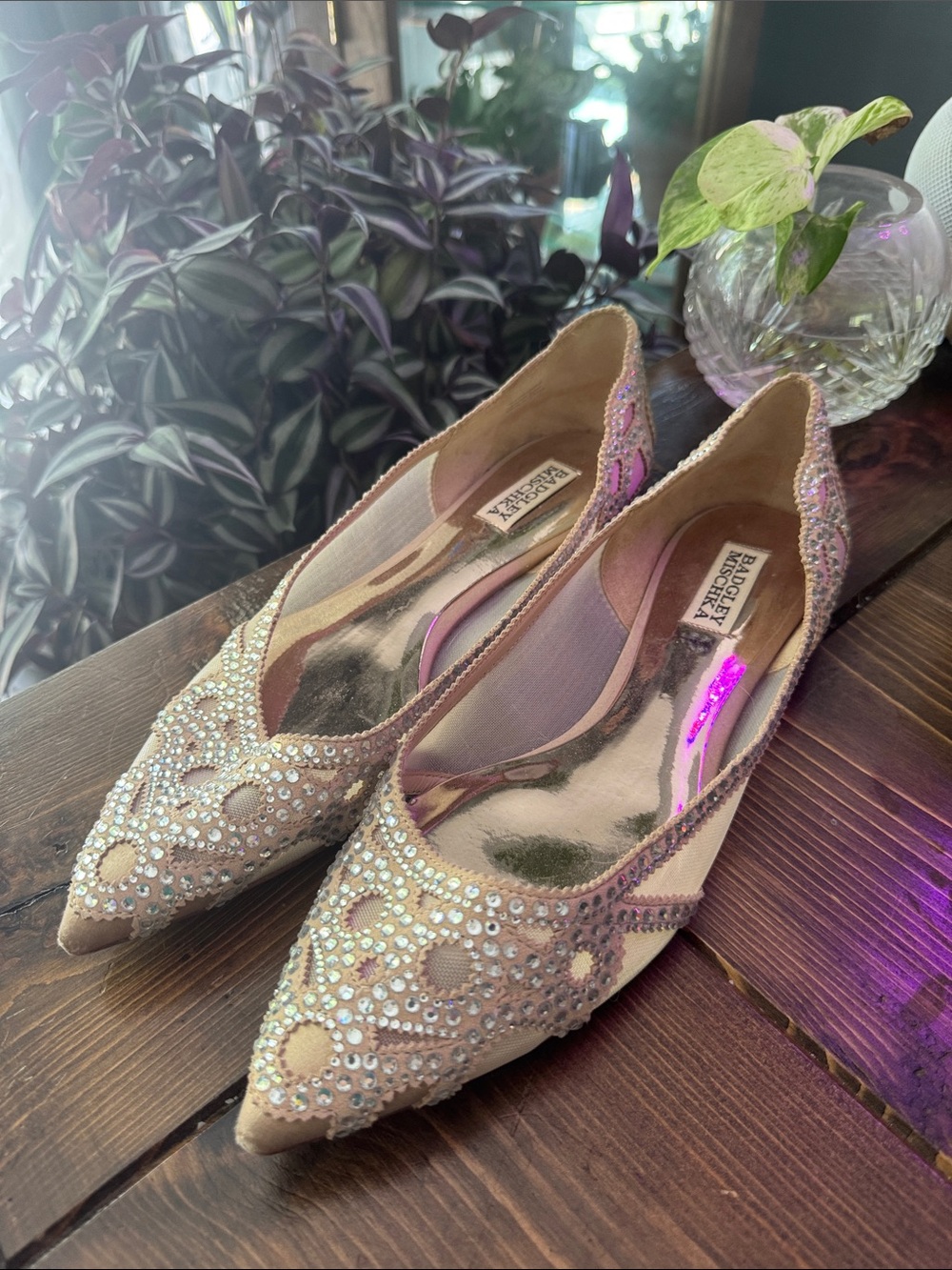 Badgley Mischka Nude Crystal-Embellished Pointed Flats